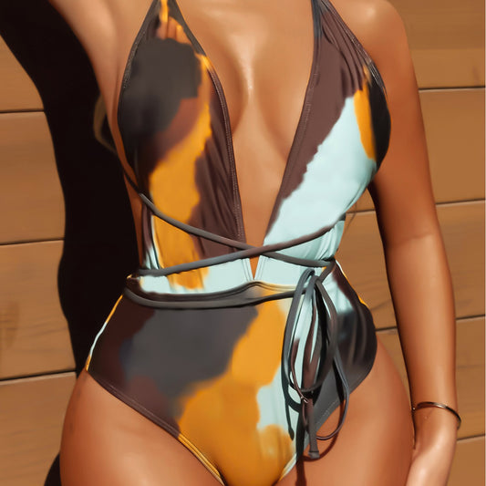 multicolor one piece lace up swimsuit